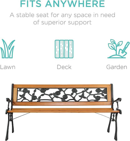 LICOME 49" Garden Bench Outdoor Bench Patio Bench,Cast Iron Metal Frame Patio Park Bench with Floral Pattern Backrest,Arch Legs for Porch,Lawn,Yard(Style3)