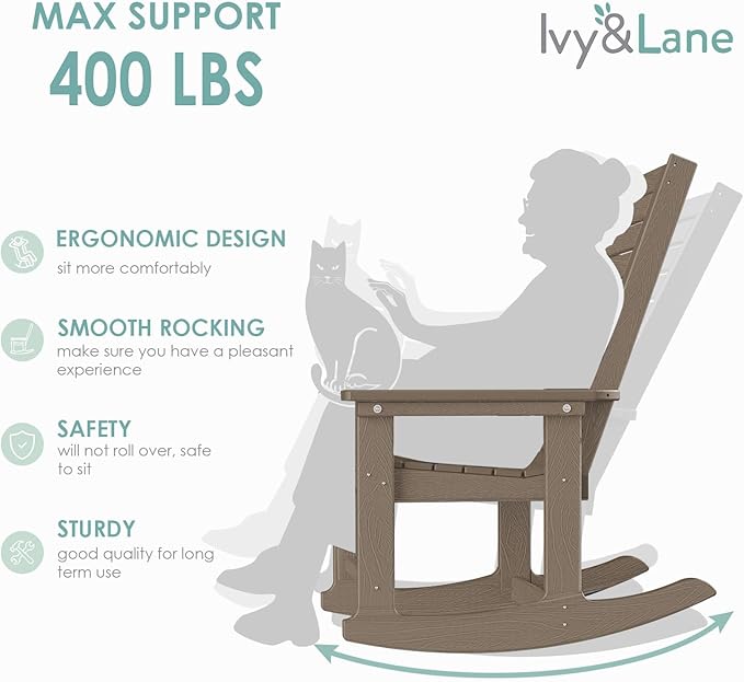 IVY&LANE Outdoor Rocking Chairs Set of 2 | Porch-Rockers | Desert Brown Wood Grain | HDPE Plastic | All-Weather | High Back | Wide Seat | Oversized Patio Rocker for Adult | for Outside Deck Balcony