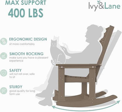 IVY&LANE Outdoor Rocking Chairs Set of 2 | Porch-Rockers | Desert Brown Wood Grain | HDPE Plastic | All-Weather | High Back | Wide Seat | Oversized Patio Rocker for Adult | for Outside Deck Balcony