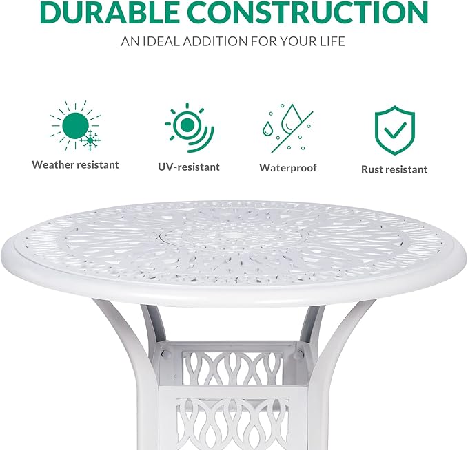VIVIJASON 35.4" Outdoor Patio Dining Round Table White Cast Aluminum Rustic Large Patio Table with Umbrella Hole