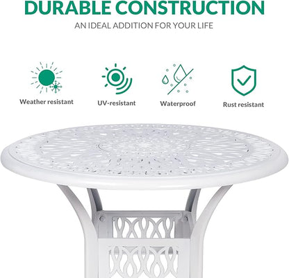 VIVIJASON 35.4" Outdoor Patio Dining Round Table White Cast Aluminum Rustic Large Patio Table with Umbrella Hole