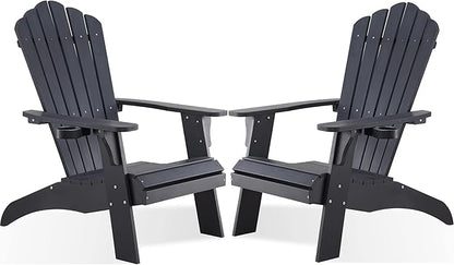 Psilvam Adirondack Chair, Oversized Poly Lumber Fire Pit Chair with Cup Holder, 350Lbs Support Patio Chairs for Garden, Weather Resistant Outdoors Seating, Relaxing Gift for Father & Mother (2, Black)