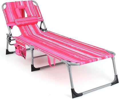 Goplus Tanning Chair, Folding Adjustable Patio Lounge Chair with Face Hole, Removable Pillow, 330LBS, Carry Strap, Outdoor Sunbathing Chair, Lightweight Portable Beach Lounge Chair, No Assembly