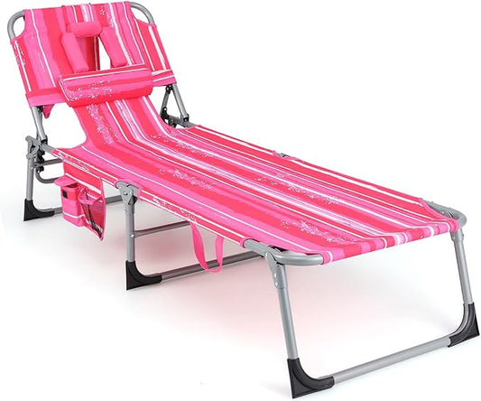 Goplus Tanning Chair, Folding Adjustable Patio Lounge Chair with Face Hole, Removable Pillow, 330LBS, Carry Strap, Outdoor Sunbathing Chair, Lightweight Portable Beach Lounge Chair, No Assembly