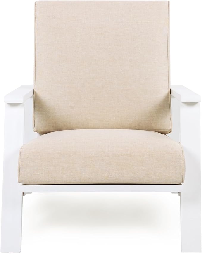 Merax Acacia Wood Outdoor Chaise Lounge Chair, Patio Reading Lazy Recliner Sofa Couches Seating with Weather-Resistant Upholstered Cushions for Balcony Outside Pool, Beige+White