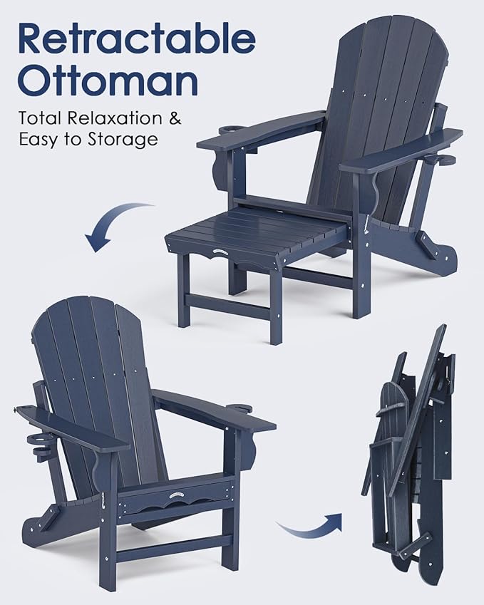 Folding Adirondack Chair with Ottoman, Recyclable HDPE Adirondack Patio Chair with 2 Cup Holder, Outdoor Fire Pit Chairs with Pull Out Footrest, Weather Resistant for Garden, Deck, Poolside, Navy Blue