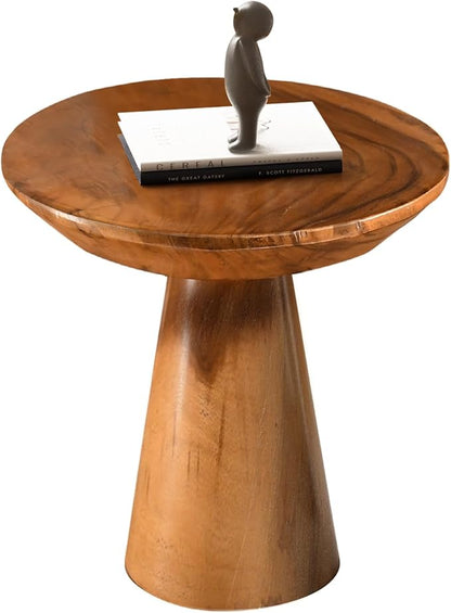 Mushroom Side Table, Teak Stool, Natural Plant Stand, 14" Tall Wood Round Coffee Table for Living Room, Bedroom, Garden, Yard
