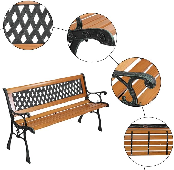 49.5in Outdoor Metal Garden Bench- Front Porch Wood Love Seat w/PVC Backrest - Photo 4