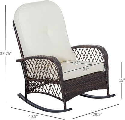Outdoor Wicker Rocking Chair, PE Rattan Patio Rocker with Cushioned Removable Washable Covers for Porch, Garden, Backyard, Balcony(White)