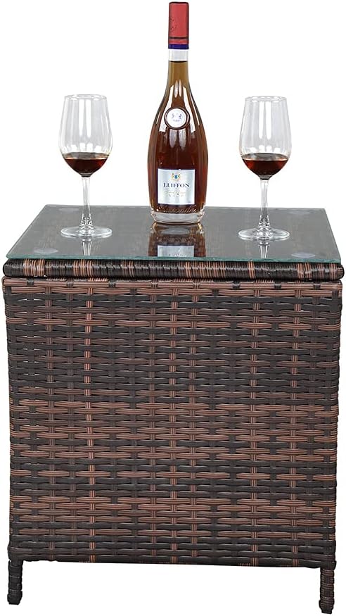 Rattan End Table Side Table, Glass Rattan Coffee Table for Outdoor Backyard Lawn Balcony Pool Square Tempered Glass Top Wicker Rattan End Table Furniture with Storage (Brown5)