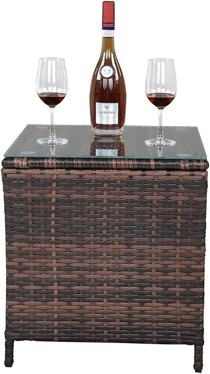 Rattan End Table Side Table, Glass Rattan Coffee Table for Outdoor Backyard Lawn Balcony Pool Square Tempered Glass Top Wicker Rattan End Table Furniture with Storage (Brown5)