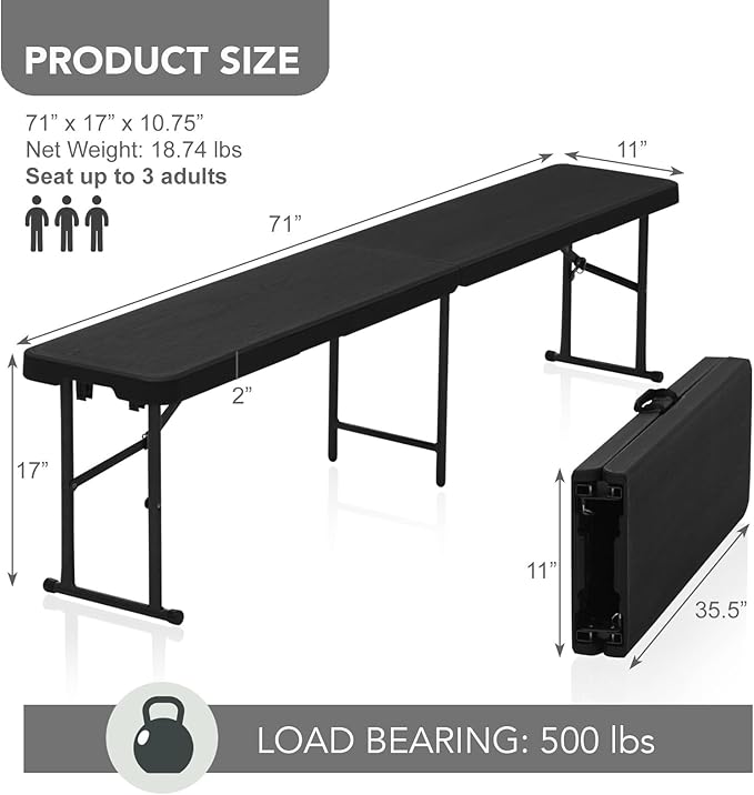 AJP Distributors 2 Pack 6 Foot Portable Plastic Folding Bench 6FT 72" Half Foldable Heavy Duty Seat w/Carry Handle - Indoor Outdoor Backyard Camping Picnic BBQ Party Wedding Dining Event Meeting Black