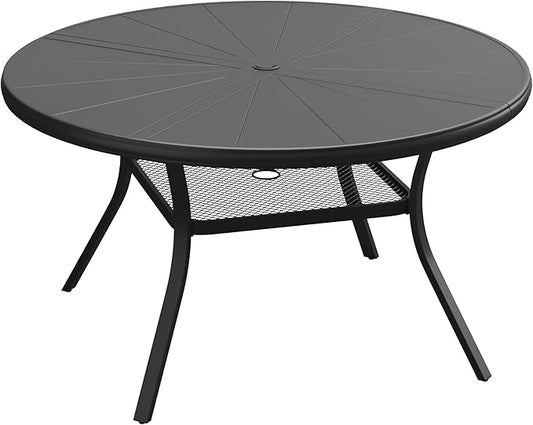 VICLLAX Round Patio Dining Table, 4-6 Person Aluminum Outdoor Dining Table with Umbrella Hole and Storage Shelf for Garden Lawn Deck, 47.2" Black