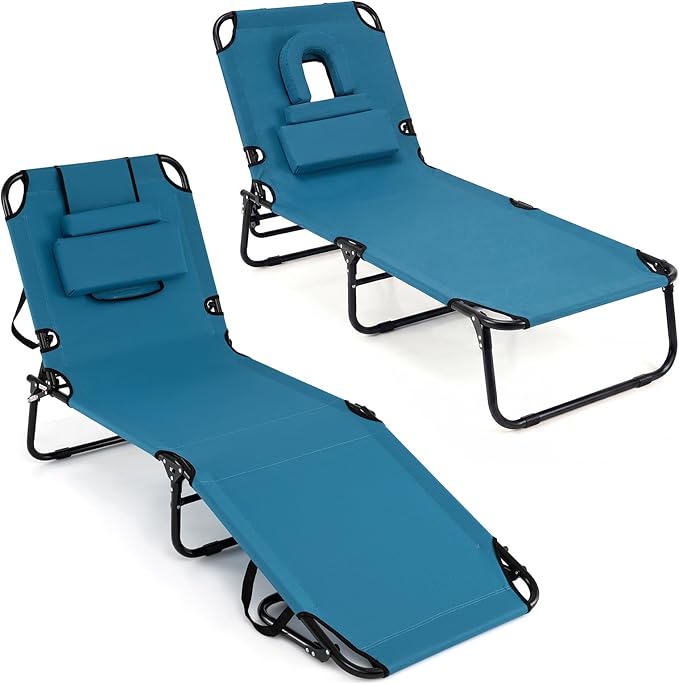 COSTWAY Tanning Chair with Face Hole, Pillows & Adjustable Backrest, Portable with Carrying Bag, Folding Beach Chaise Lounge for Sunbathing, Seaside (2, Blue)