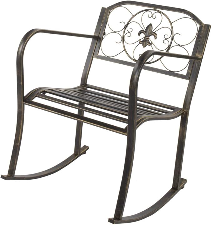 Bonnlo Patio Rocking Chair, Wrought Cast Iron Rocking Chair/w Backrest and Armrest, Heavy Duty Metal Outdoor Single Rockers for Deck, Backyard, Garden