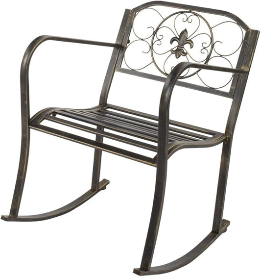 Bonnlo Patio Rocking Chair, Wrought Cast Iron Rocking Chair/w Backrest and Armrest, Heavy Duty Metal Outdoor Single Rockers for Deck, Backyard, Garden