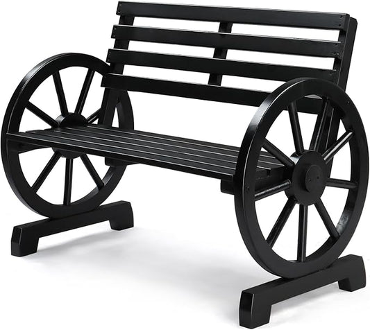 VINGLI Rustic Wooden Wheel Bench Outdoor Bench, Patio Bench Wagon Slatted Seat, Garden Benches for Outdoors 350lbs High Capacity, Weather Resistance (Black, 41in)
