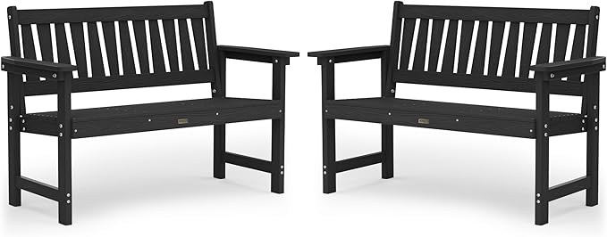 YEFU Outdoor Bench Weatherproof for Patio: 2-Person HIPS All Weather Garden Benches - Comfortable & Heavy Duty Patio Benches for Front Porch Backyard Park - Outside Furniture Bench Set of 2, Black