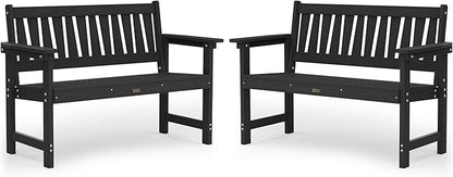 YEFU Outdoor Bench Weatherproof for Patio: 2-Person HIPS All Weather Garden Benches - Comfortable & Heavy Duty Patio Benches for Front Porch Backyard Park - Outside Furniture Bench Set of 2, Black