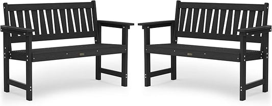 YEFU Outdoor Bench Weatherproof for Patio: 2-Person HIPS All Weather Garden Benches - Comfortable & Heavy Duty Patio Benches for Front Porch Backyard Park - Outside Furniture Bench Set of 2, Black