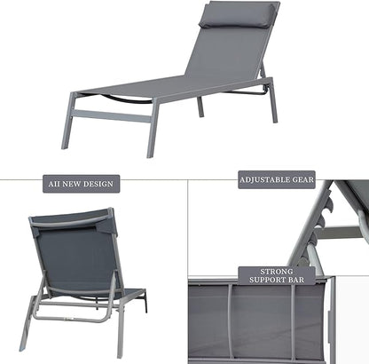 Domi 3 Pieces Adjustable Chaise Lounge Set Outdoor Patio Lounge Chair All Weather Five-Position Recliner Chair Set w/Coffee Table for Patio, Pool, Yard (Grey)