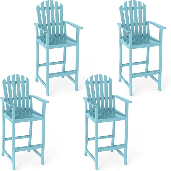 Tangkula Tall Adirondack Chair, Outdoor Acacia Wood Bar Stool with Back, Armrests and Footrest, Bar Height Patio Chair for Balcony, Porch, Deck and Backyard (4,Turquoise)