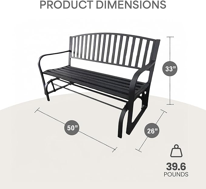 Four Seasons Courtyard Outdoor Patio Bench Glider Backyard Garden, Front Porch, or Walking Path Furniture Seat with Powder Coated Steel Frame, Black