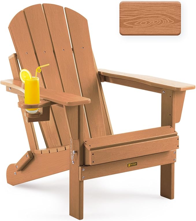 Folding Adirondack Chair Wood Texture, Patio Chairs Weather Resistant, Outdoor Chair, Lawn Chair with Cup Holder, Fire Pit Chair for Deck, Outdoor, Porch, Backyard (Teak)