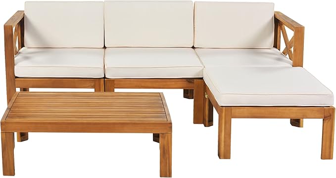 Outdoor Backyard Patio Wood 5-Piece Sectional Sofa Seating Group Set with Cushions, Natural Finish+ Beige Cushions - Photo 8