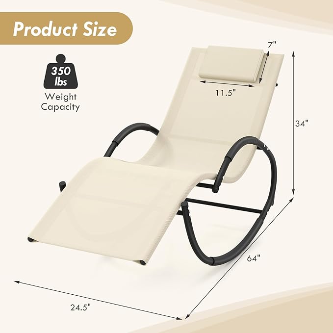 Tangkula Rocking Lounge Chair Outdoor, Zero Gravity Chaise Lounger with Removable Headrest, Fabric Backrest & Seat - Photo 3