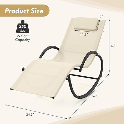 Tangkula Rocking Lounge Chair Outdoor, Zero Gravity Chaise Lounger with Removable Headrest, Fabric Backrest & Seat, Patio Reclining Rocker for Yard, Poolside, Lawn, Garden (1, Beige)