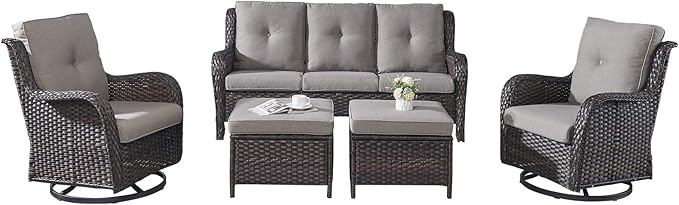 Rilyson Wicker Patio Furniture Set - 5 Piece Rattan Outdoor Sectional Conversation Sets with 2 Rocking Swivel Chairs - Photo 1