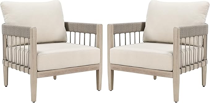 Patio Sofa Chairs Set of 2, Never-Rust Aluminum Outdoor Armchairs with Faux Wood Grain Finish, 2 Pieces Rope Weave - Photo 1