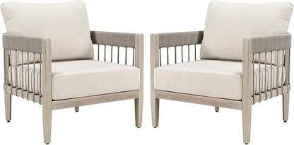 Patio Sofa Chairs Set of 2, Never-Rust Aluminum Outdoor Armchairs with Faux Wood Grain Finish, 2 Pieces Rope Weave Outdoor Sofa Chairs with Removable Cushions for Garden, Backyard, Deck | Never-Rust Aluminum, Faux Wood Grain, Rope Weave Craft, Wraparou...