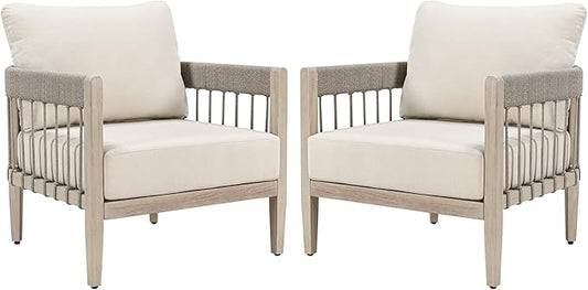 Patio Sofa Chairs Set of 2, Never-Rust Aluminum Outdoor Armchairs with Faux Wood Grain Finish, 2 Pieces Rope Weave Outdoor Sofa Chairs with Removable Cushions for Garden, Backyard, Deck | Never-Rust Aluminum, Faux Wood Grain, Rope Weave Craft, Wraparou...