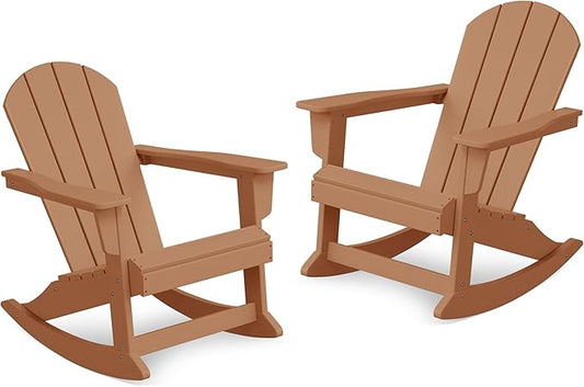 Costaelm Outdoor Adirondack Chair Set of 2, All Weather Resistant Classic Balcony Chair and Fire Pit Chairs, Adirondack Plastic Outdoor Porch Furniture Rocking Chair High Back HDPE Poly Lumber, Teak