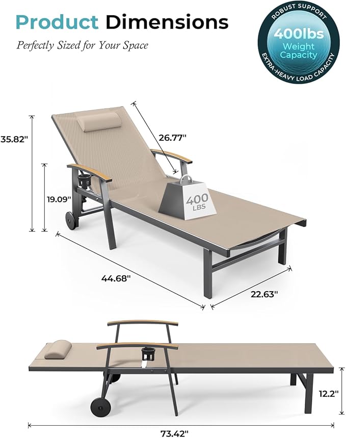 Ciokea Outdoor Lounge Chair with Pillow, 5-Position Aluminum Chaise Lounge with Wheels & Armrests - Photo 2
