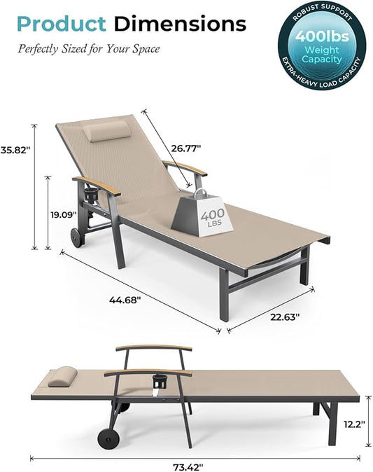 Ciokea Outdoor Lounge Chair with Pillow, 5-Position Aluminum Chaise Lounge with Wheels & Armrests, 400 lbs Heavy Duty Patio Pool Chair for Deck, Backyard, Beach & Poolside, Khaki
