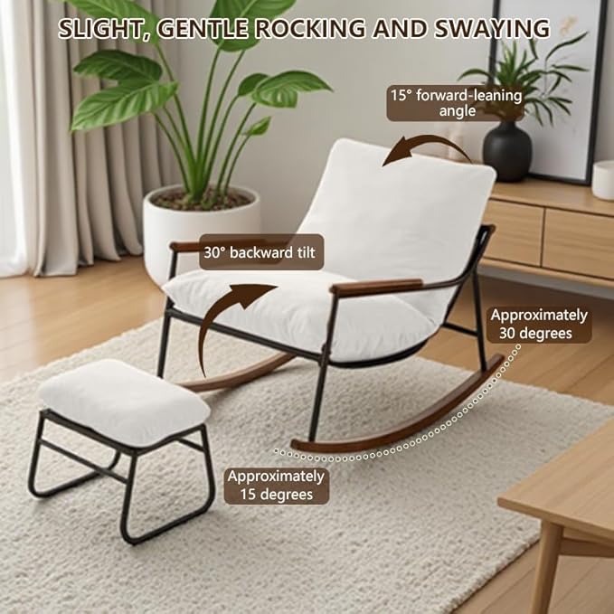 Comfortable Glider Rocking Chair with Footrest, Reclining Lounge Chair with Soft Cushions, High Back and Armrests, Indoor & Outdoor Patio Rocker for Living Room, Bedroom or Office, White