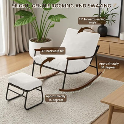 Comfortable Glider Rocking Chair with Footrest, Reclining Lounge Chair with Soft Cushions, High Back and Armrests, Indoor & Outdoor Patio Rocker for Living Room, Bedroom or Office, White
