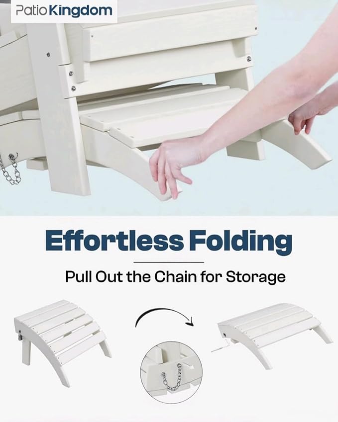 Folding Adirondack Ottoman Footrest, HDPE Plastic Outdoor Footstool No Assembly Required, All-Weather Foldable Ottoman for Adirondack Chair, Patio, Lawn, Garden, Deck, Poolside, Fire Pit, White
