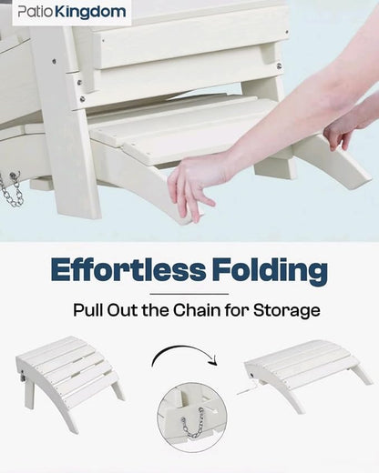 Folding Adirondack Ottoman Footrest, HDPE Plastic Outdoor Footstool No Assembly Required, All-Weather Foldable Ottoman for Adirondack Chair, Patio, Lawn, Garden, Deck, Poolside, Fire Pit, White