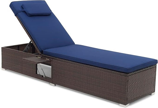Tangkula Patio Chaise Lounge, Outdoor Rattan Lounge Chair w/ 6-Level Backrest, Comfy Seat Cushion & Headrest, Sturdy Metal Frame, Outside Reclining Chair for Backyard, Poolside (1, Navy)
