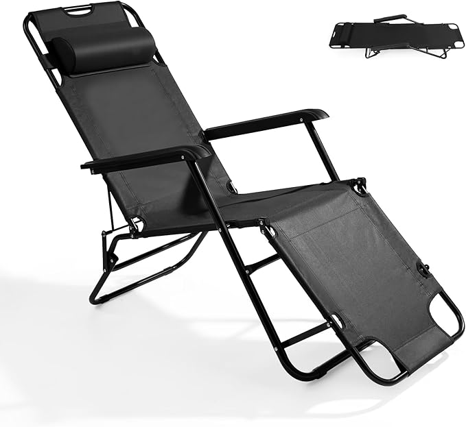 Outvita Folding Chaise Lounge Chair, Outdoor Adjustable Recliner Chair with Pillow for Camping, Beach, Poolside, Garden - Photo 1