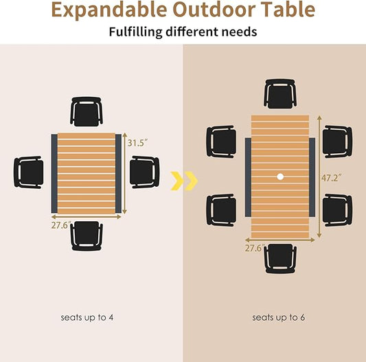 ECOTOUGE Expandable Outdoor Dining Tables,31"-47", Patio Rectangle Table with Umbrella Hole for 4-6 Person, Space-Saving Fir Wood Patio Furniture for Backyard, Garden, Natural