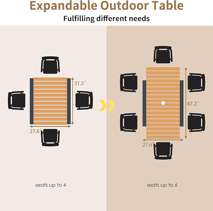31 to 47-Inch Expandable Outdoor Dining Table, Adjustable Rectangle Patio Table with Umbrella Hole for 4-6 Person - Photo 3