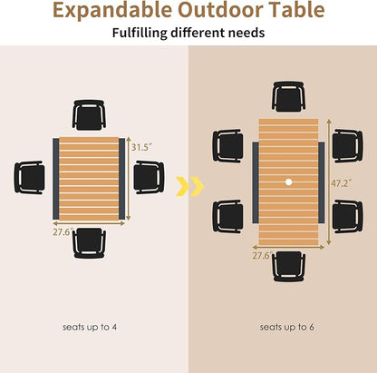 31 to 47-Inch Expandable Outdoor Dining Table, Adjustable Rectangle Patio Table with Umbrella Hole for 4-6 Person, Space-Saving Fir Wood Patio Furniture for Garden, Backyard, Deck, Natural