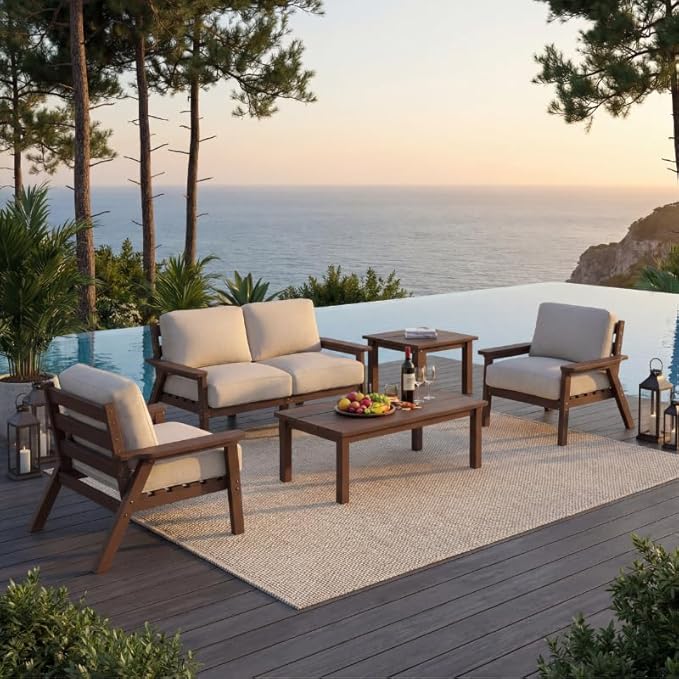 HDPE Patio Furniture Set 4 Seats, Outdoor Couch with Washable Thick Beige Cushions & Coffee Table & Side Table, Outdoor Sectional Furniture for Backyard, Deck, Lawn, Porch (Brown Frame)