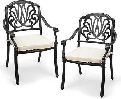 VINGLI Patio Chairs Set of 2 - Stackable Outdoor Cast Aluminum Dining Chairs with Vintage Black Finish and Floral Pattern, Metal Armchairs for Poolside, Backyard, Balcony (with Cushion)