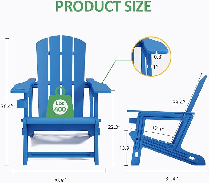 FONTOI Adirondack Chair, Outdoor Weather Resistant Lawn Furniture, Plastic Adirondack Chair with Cup Holder, 400 LBS Capacity Recliner, Garden Backyard Patio Without Screws Install,Set of 2 Klein Blue